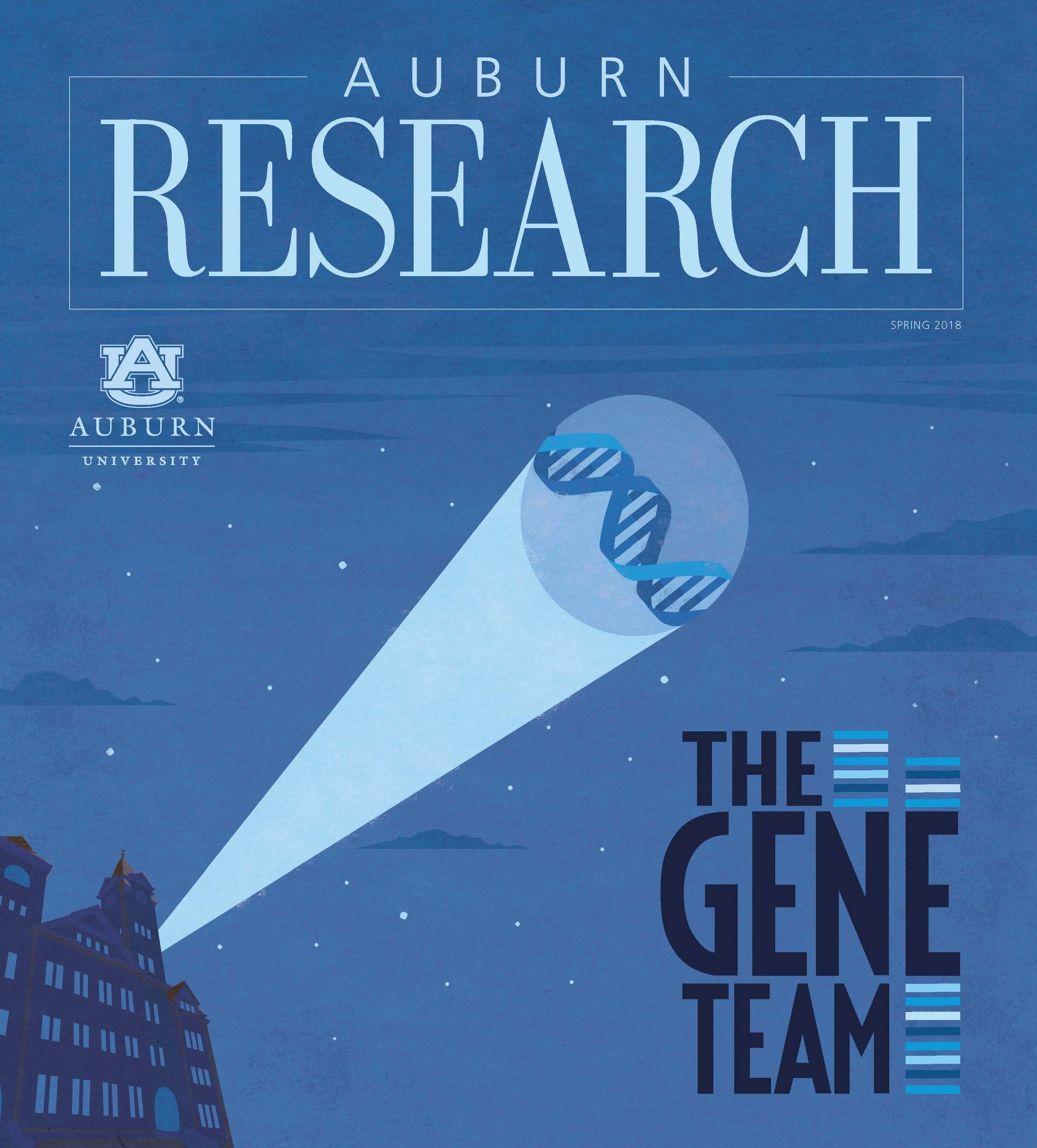 Cover of 2018 Auburn Research magazine with "Gene Team" cover story art